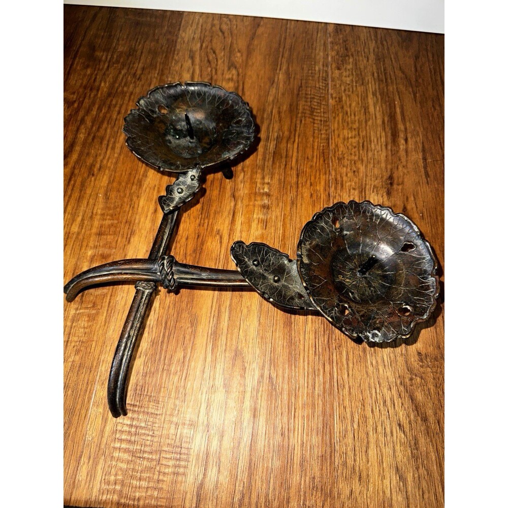 Bronze Meiji period lotus/lilypad Candle Holder, Pair (2) stamped